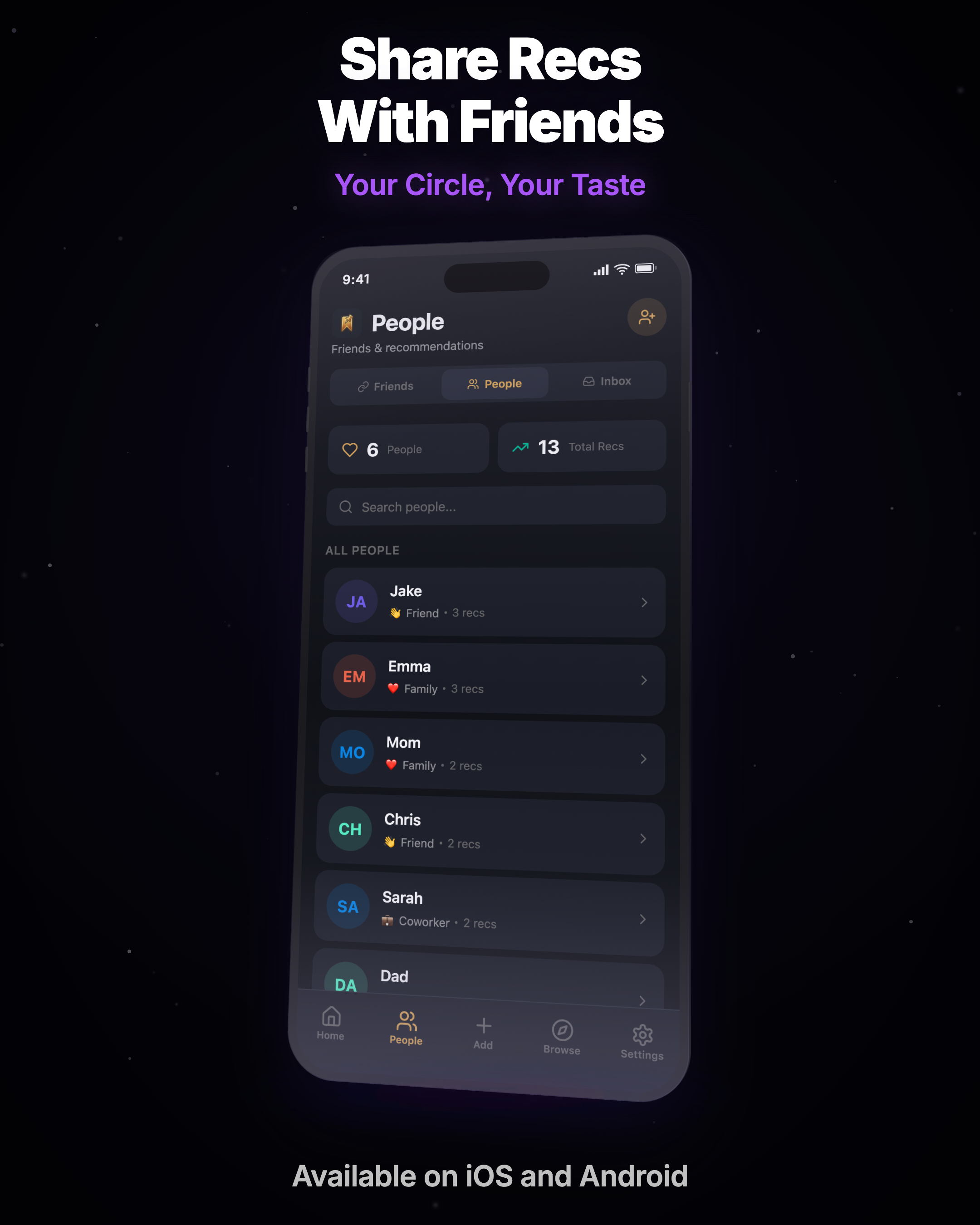 RecKeeper friends screen - connect with friends and share recommendations