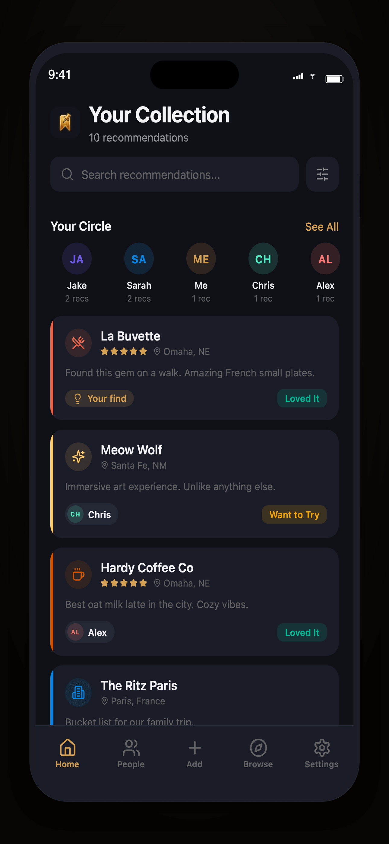 RecKeeper home screen showing your recommendation collection with friend circles and status tracking