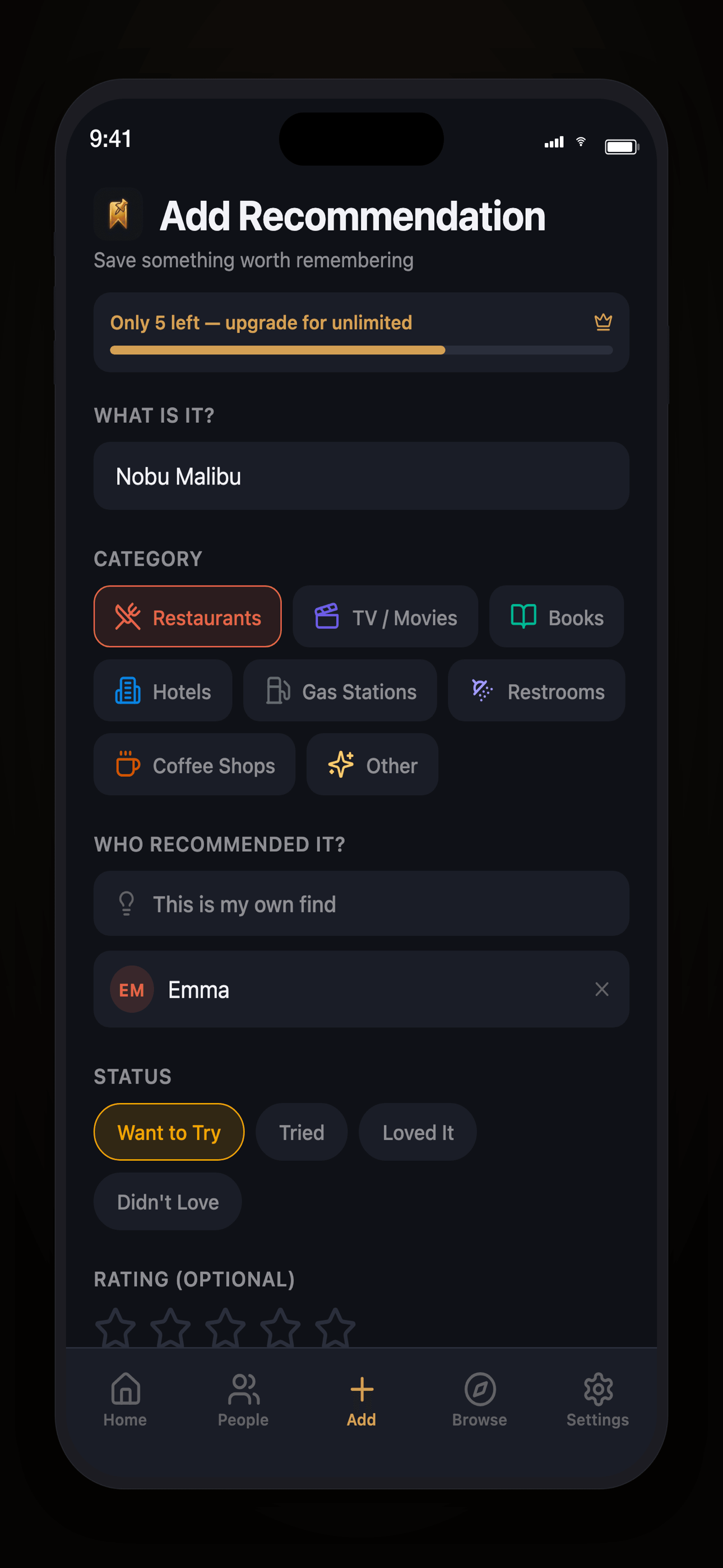 RecKeeper add recommendation screen with categories like restaurants, TV shows, books, hotels