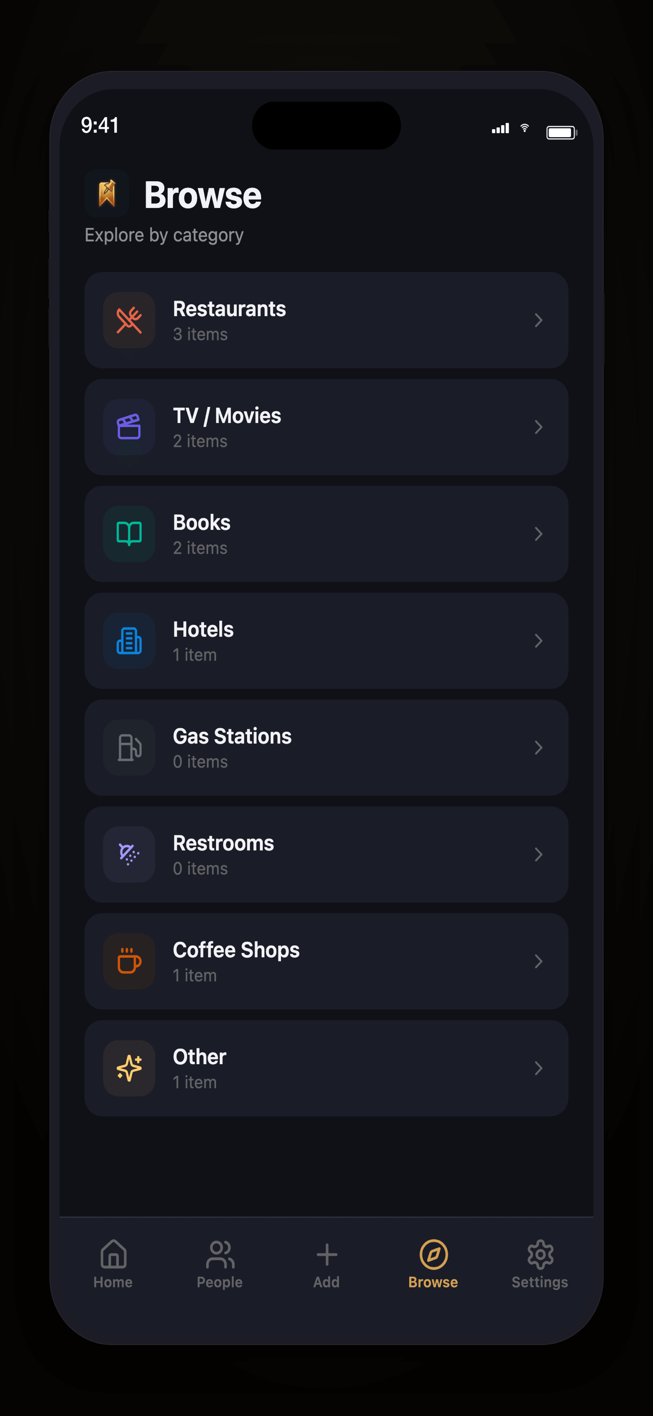 RecKeeper browse screen showing recommendations organized by category